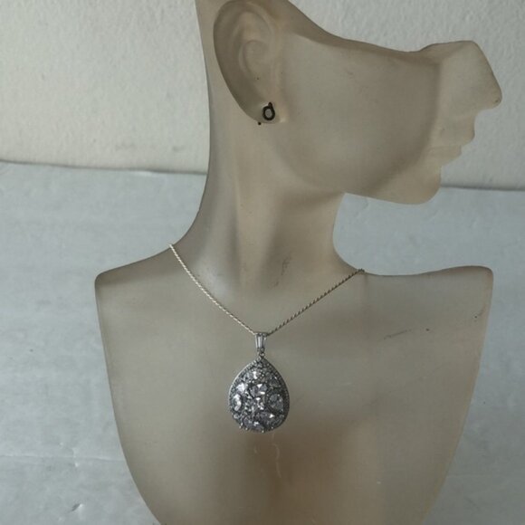 FZN 925 Sterling Silver Necklace w Filigree Teardrop Crystals Pendant 13" long - Picture 10 of 16